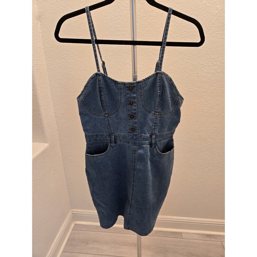 Heart & Heels Medium Denim Bustier Dress Button Sweetheart Stretch Jean Mini M